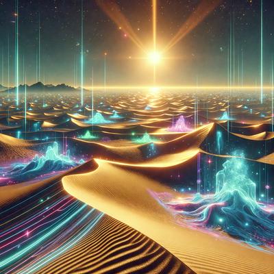 The primary subject of the image is a sandy desert landscape with a sunset in the background. The setting is a vast, open area with a sky full of stars. The visual style is a combination of photo and digital art, creating a surreal and dreamy atmosphere. The colors and mood are predominantly warm and serene, with the sunset casting a warm glow over the scene.